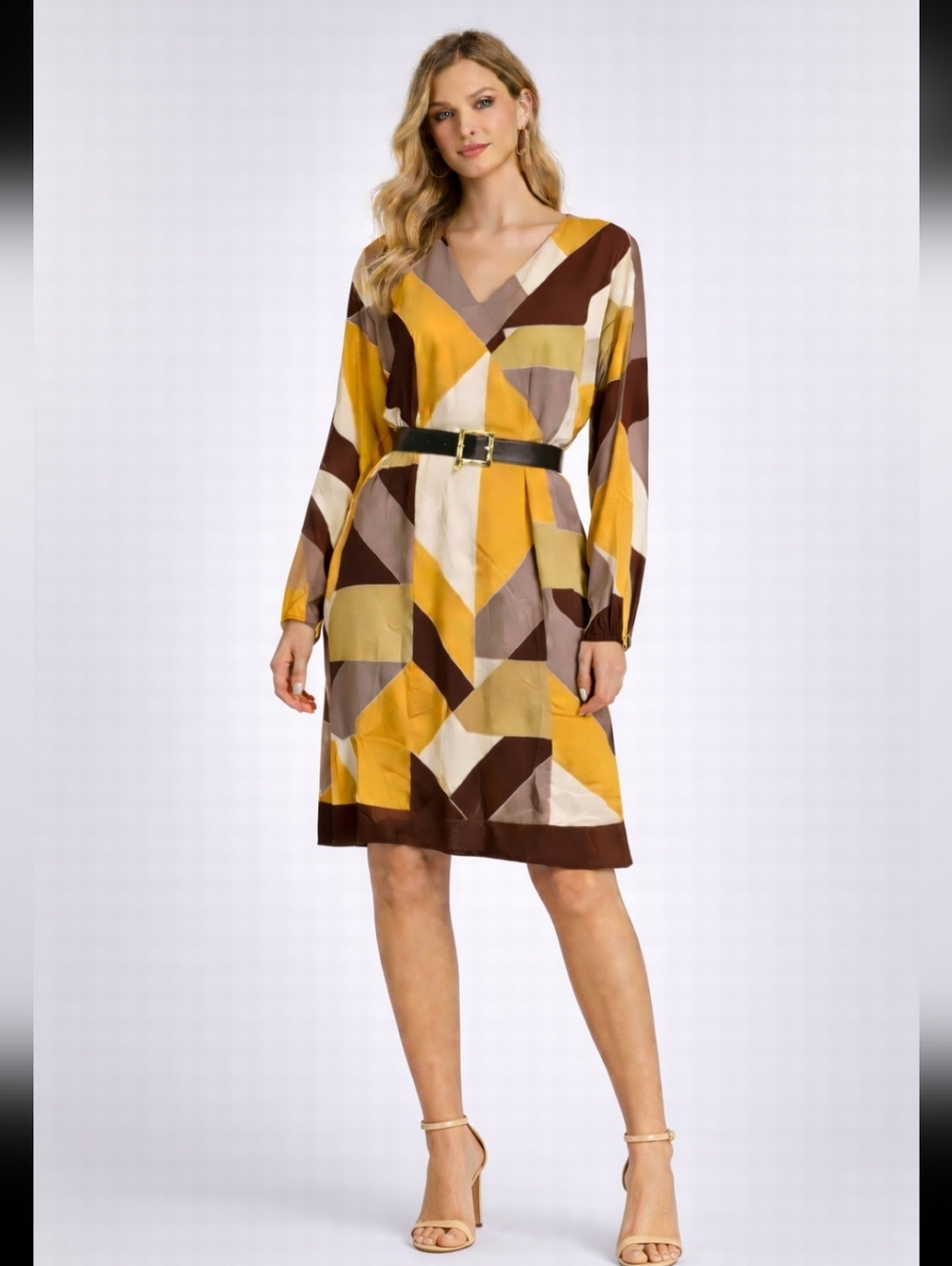 Magaschoni Silk Geometric Print V-Neck Long Sleeve Dress in Mustard and Brown